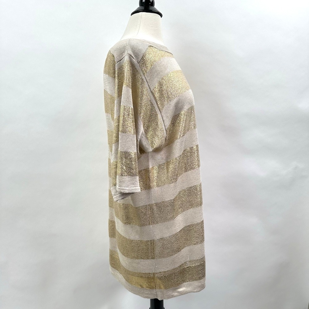Chico's Linen Blend Gold Stripe Sweater Size 1 Medium Gold Oatmeal Boat Neck Top - Picture 9 of 11